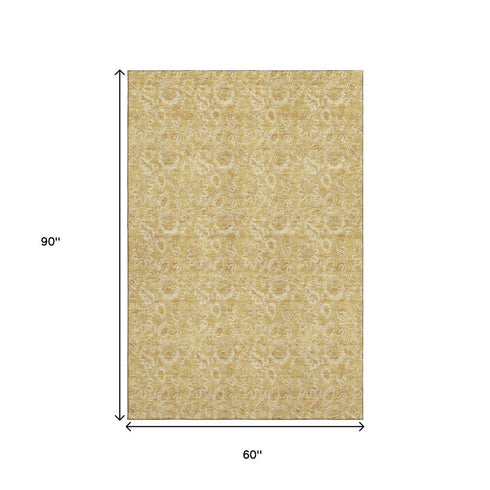 9' X 12' Gold And Wheat Floral Washable Area Rug With UV Protection