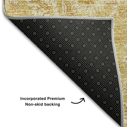 9' X 12' Gold And Wheat Floral Washable Area Rug With UV Protection