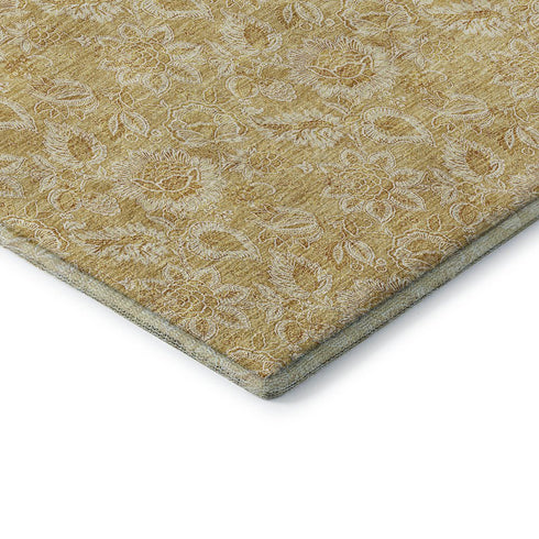 9' X 12' Gold And Wheat Floral Washable Area Rug With UV Protection