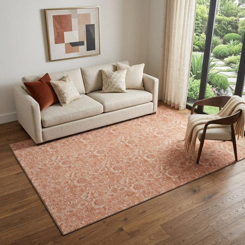 9' X 12' Salmon And Ivory Floral Washable Area Rug With UV Protection