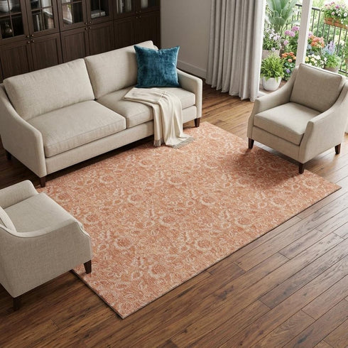 9' X 12' Salmon And Ivory Floral Washable Area Rug With UV Protection