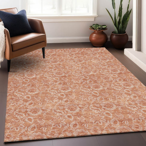 9' X 12' Salmon And Ivory Floral Washable Area Rug With UV Protection