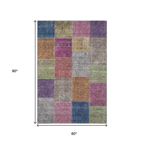 9' X 12' Copper Blue And Purple Patchwork Washable Area Rug With UV Protection