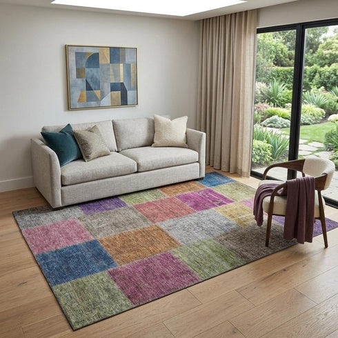 9' X 12' Copper Blue And Purple Patchwork Washable Area Rug With UV Protection