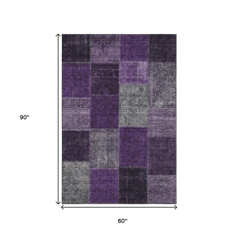 8' X 10' Eggplant Gray And Purple Patchwork Washable Area Rug With UV Protection