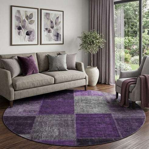 8' X 10' Eggplant Gray And Purple Patchwork Washable Area Rug With UV Protection