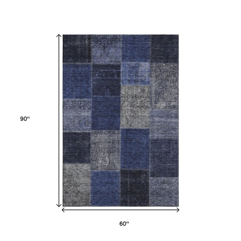 9' X 12' Navy Blue And Gray Patchwork Washable Area Rug With UV Protection