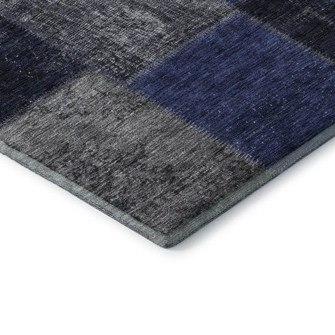 9' X 12' Navy Blue And Gray Patchwork Washable Area Rug With UV Protection