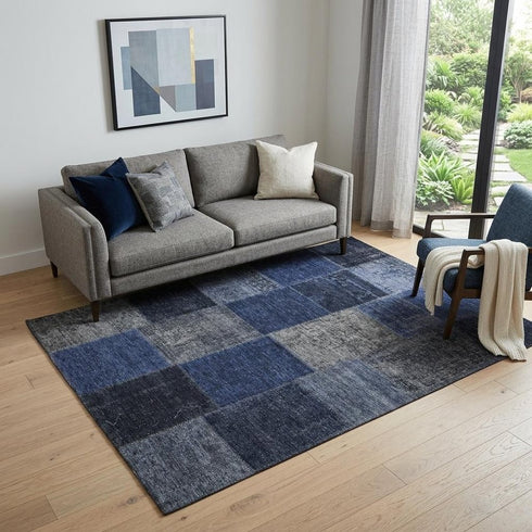 9' X 12' Navy Blue And Gray Patchwork Washable Area Rug With UV Protection