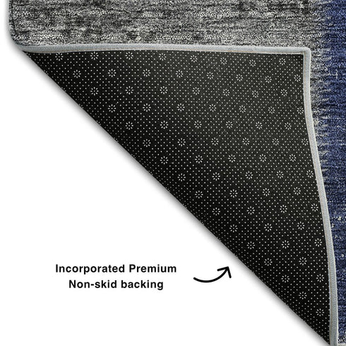 9' X 12' Navy Blue And Gray Patchwork Washable Area Rug With UV Protection