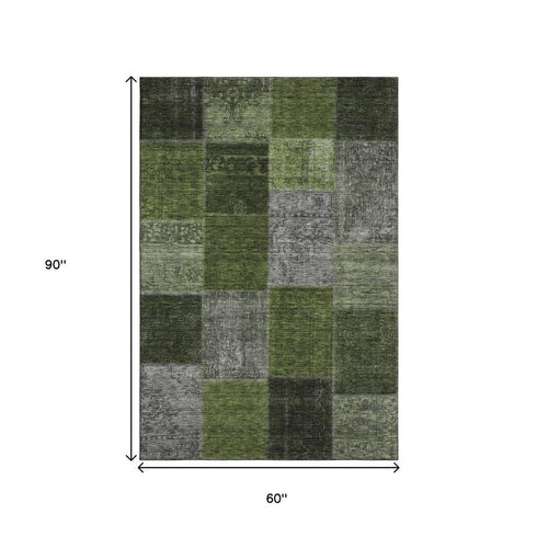9' X 12' Olive Green And Gray Patchwork Washable Area Rug With UV Protection
