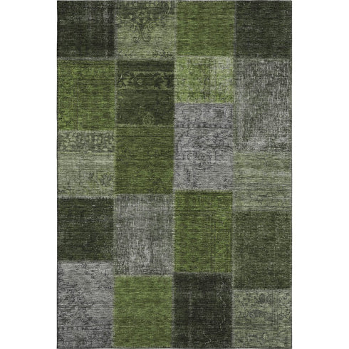 9' X 12' Olive Green And Gray Patchwork Washable Area Rug With UV Protection