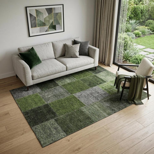 9' X 12' Olive Green And Gray Patchwork Washable Area Rug With UV Protection