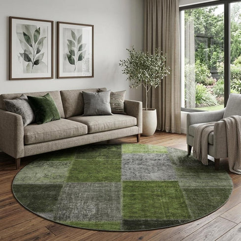 9' X 12' Olive Green And Gray Patchwork Washable Area Rug With UV Protection