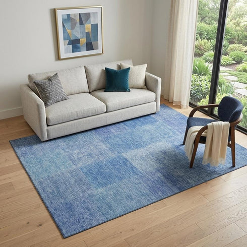 9' X 12' Denim Blue And Ivory Patchwork Washable Area Rug With UV Protection