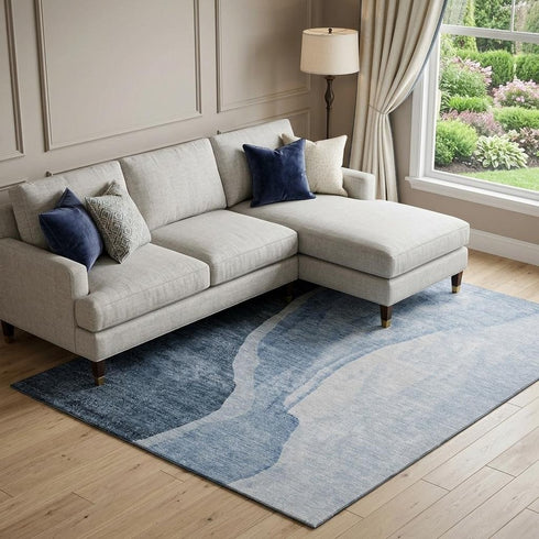 9' X 12' Blue And Ivory Abstract Washable Area Rug With UV Protection