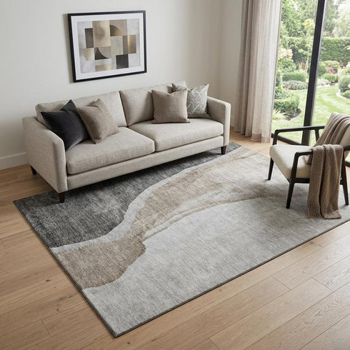 9' X 12' Charcoal And Ivory Abstract Washable Area Rug With UV Protection