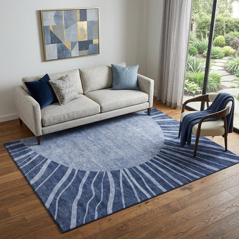 9' X 12' Navy Blue And Ivory Abstract Washable Area Rug With UV Protection