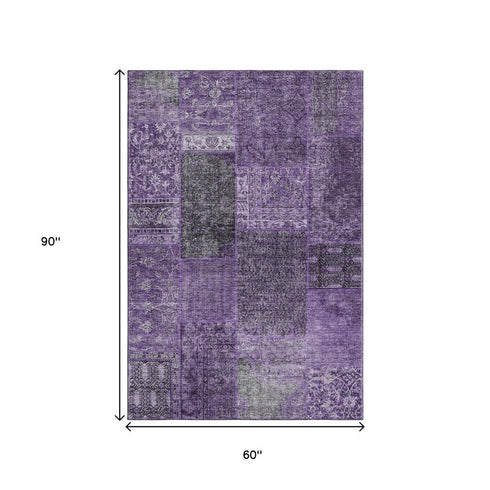 9' X 12' Eggplant And Gray Patchwork Washable Area Rug With UV Protection