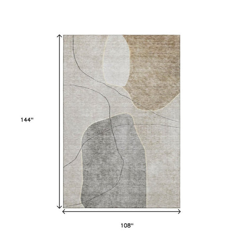 9' X 12' Beige And Brown Abstract Washable Area Rug With UV Protection