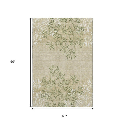 9' X 12' Khaki Green And Ivory Floral Washable Area Rug With UV Protection
