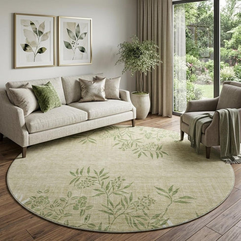 9' X 12' Khaki Green And Ivory Floral Washable Area Rug With UV Protection