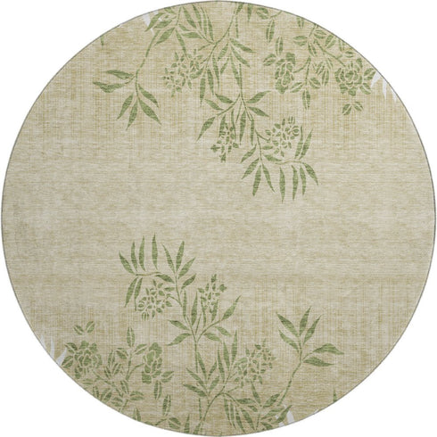 9' X 12' Khaki Green And Ivory Floral Washable Area Rug With UV Protection