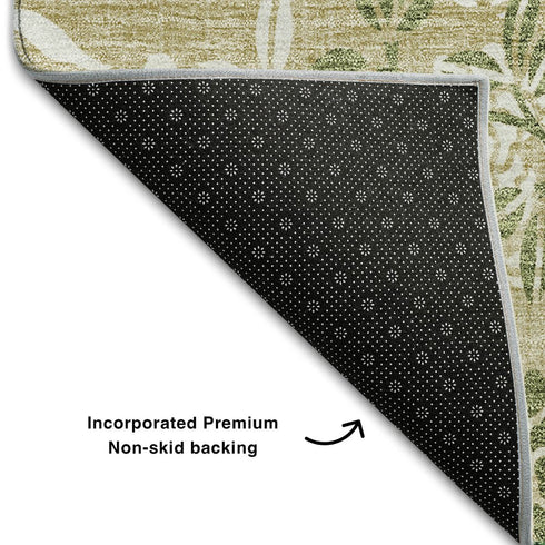 9' X 12' Khaki Green And Ivory Floral Washable Area Rug With UV Protection