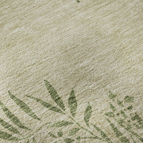 9' X 12' Khaki Green And Ivory Floral Washable Area Rug With UV Protection