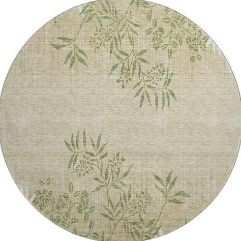 9' X 12' Khaki Green And Ivory Floral Washable Area Rug With UV Protection