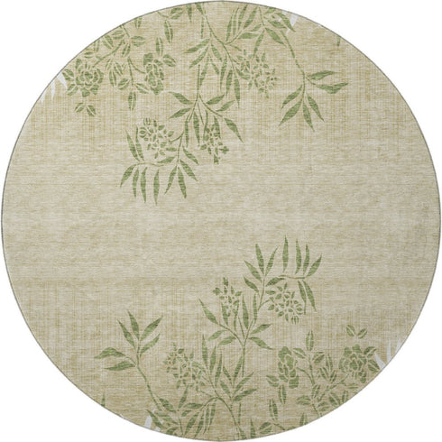 9' X 12' Khaki Green And Ivory Floral Washable Area Rug With UV Protection