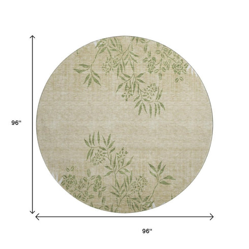 9' X 12' Khaki Green And Ivory Floral Washable Area Rug With UV Protection