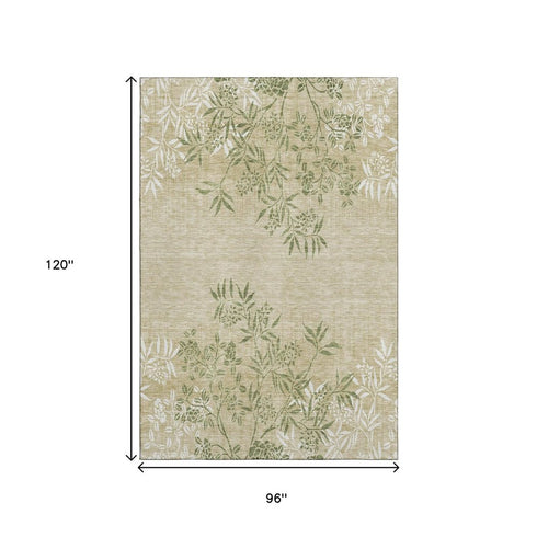9' X 12' Khaki Green And Ivory Floral Washable Area Rug With UV Protection