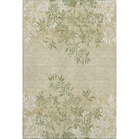 9' X 12' Khaki Green And Ivory Floral Washable Area Rug With UV Protection