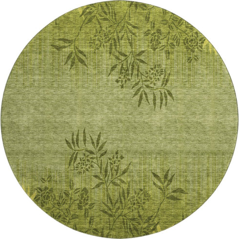 9' X 12' Olive Green And Gold Floral Washable Area Rug With UV Protection