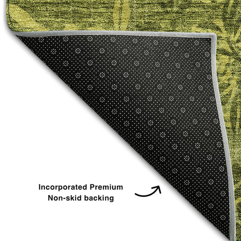 9' X 12' Olive Green And Gold Floral Washable Area Rug With UV Protection