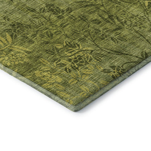 9' X 12' Olive Green And Gold Floral Washable Area Rug With UV Protection