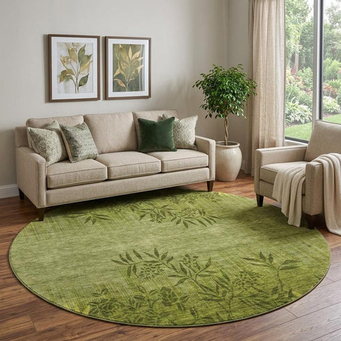 9' X 12' Olive Green And Gold Floral Washable Area Rug With UV Protection