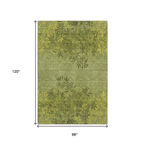 9' X 12' Olive Green And Gold Floral Washable Area Rug With UV Protection