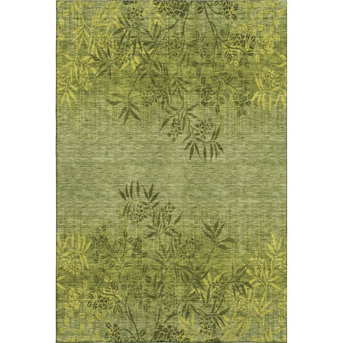 9' X 12' Olive Green And Gold Floral Washable Area Rug With UV Protection