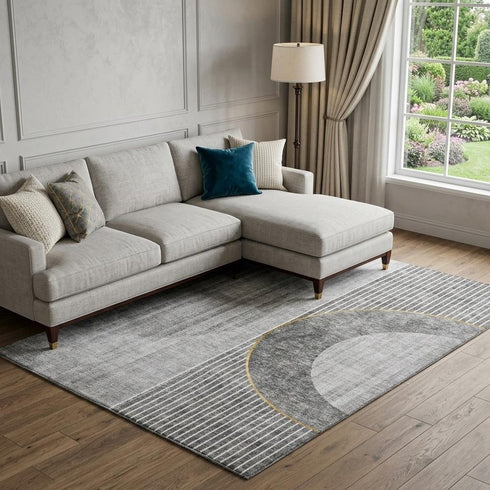 9' X 12' Charcoal Gold And Silver Geometric Washable Area Rug With UV Protection