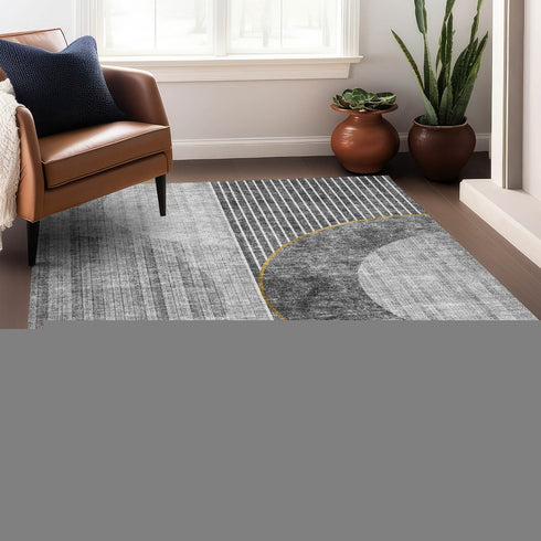 9' X 12' Charcoal Gold And Silver Geometric Washable Area Rug With UV Protection