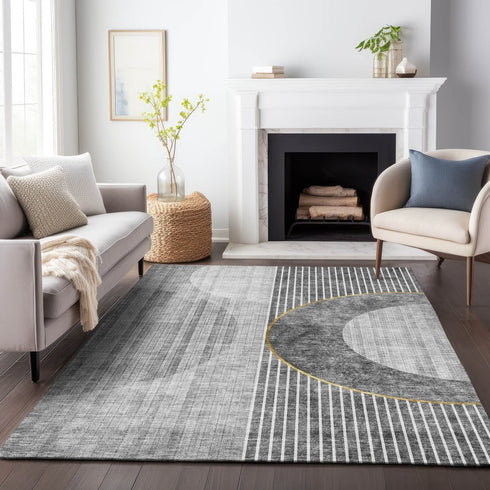 9' X 12' Charcoal Gold And Silver Geometric Washable Area Rug With UV Protection