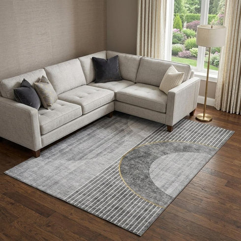 9' X 12' Charcoal Gold And Silver Geometric Washable Area Rug With UV Protection