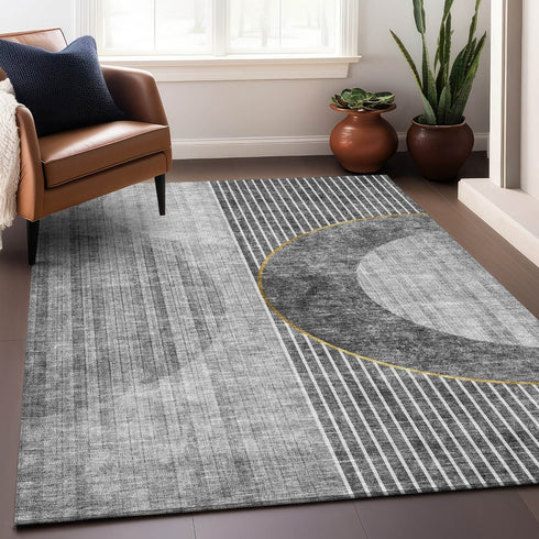 9' X 12' Charcoal Gold And Silver Geometric Washable Area Rug With UV Protection