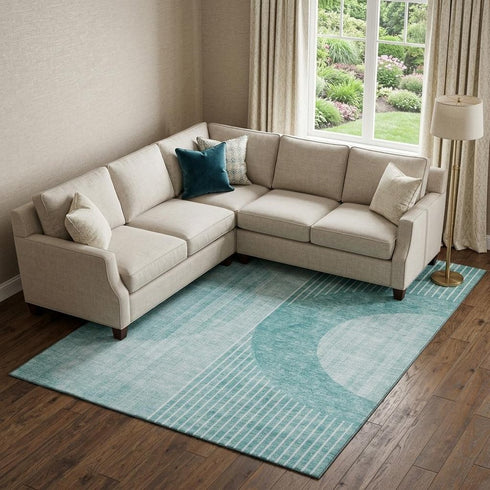 5' X 8' Teal And Ivory Geometric Washable Area Rug With UV Protection