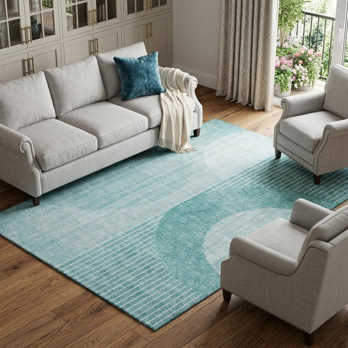 5' X 8' Teal And Ivory Geometric Washable Area Rug With UV Protection