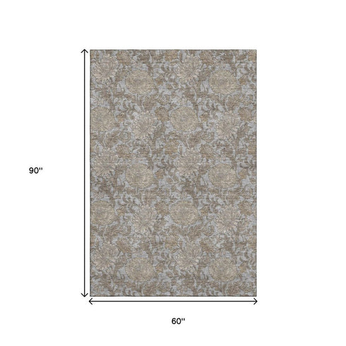 9' X 12' Gray And Silver Floral Washable Area Rug With UV Protection