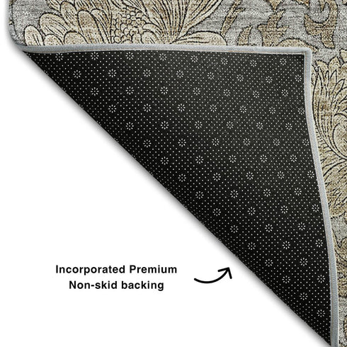 9' X 12' Gray And Silver Floral Washable Area Rug With UV Protection