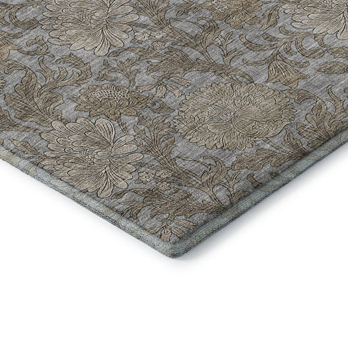 9' X 12' Gray And Silver Floral Washable Area Rug With UV Protection